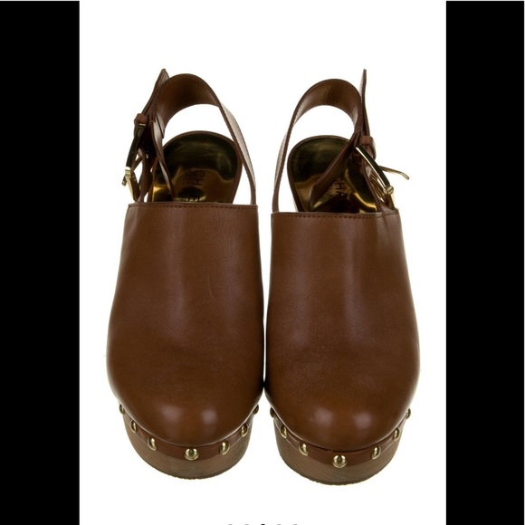 Michael Kors Brown Genuine Leather Wooden Slingback Clogs Size 8 - Picture 3 of 5